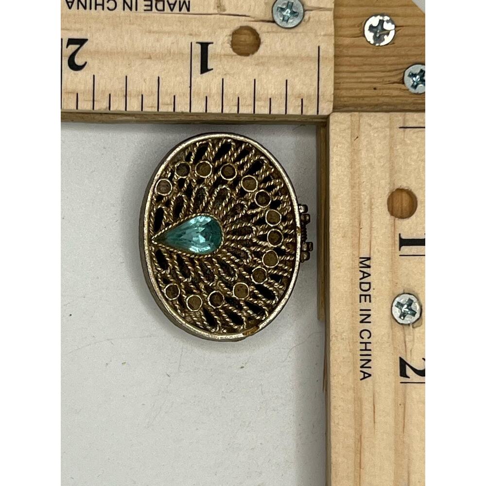 Vintage Gold Oval Trinket Box with Blue Gem Lid Ornate Metal Jewelry Case